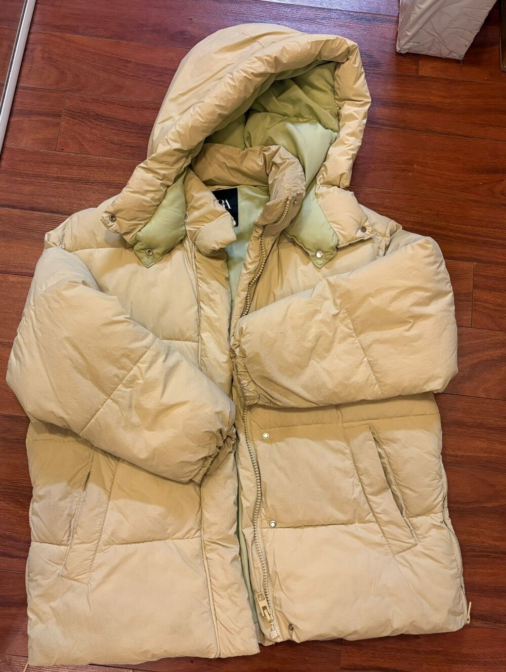 Zara Puffer Jacket in Light Beige Green with Hood
